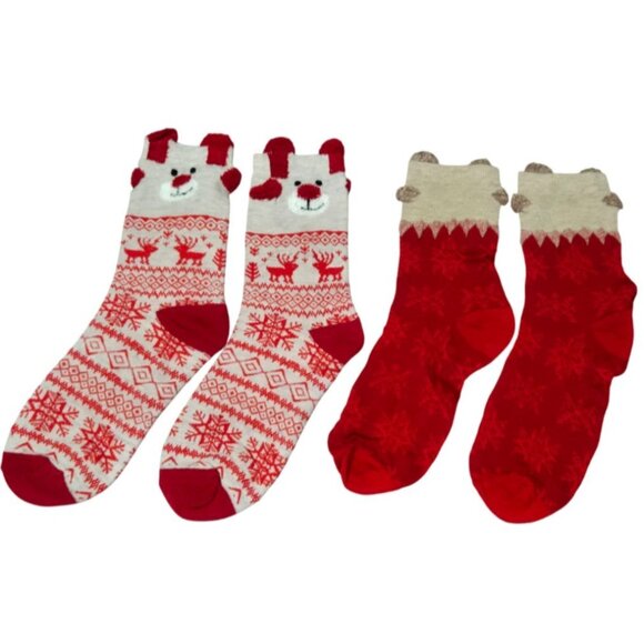 2 Pairs Christmas Adult Mid-Calf Cozy Snowflake & Reindeer Bear Design Socks NEW - Picture 3 of 7